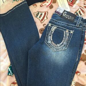 Grace in LA Women's Embellished Blue Boot Cut Jeans